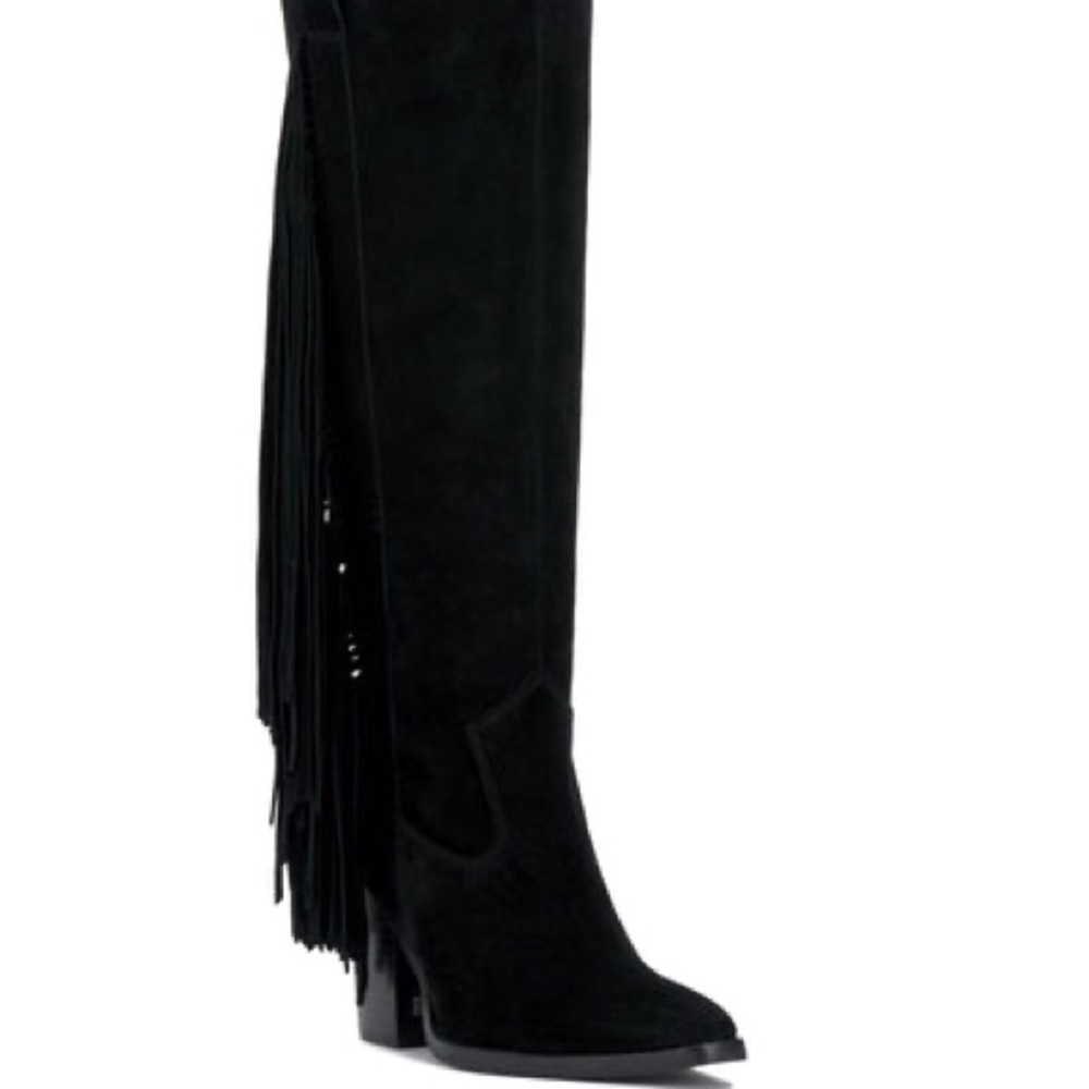 Vince Camuto Black Heeled Fringe Boots WIDE CALF